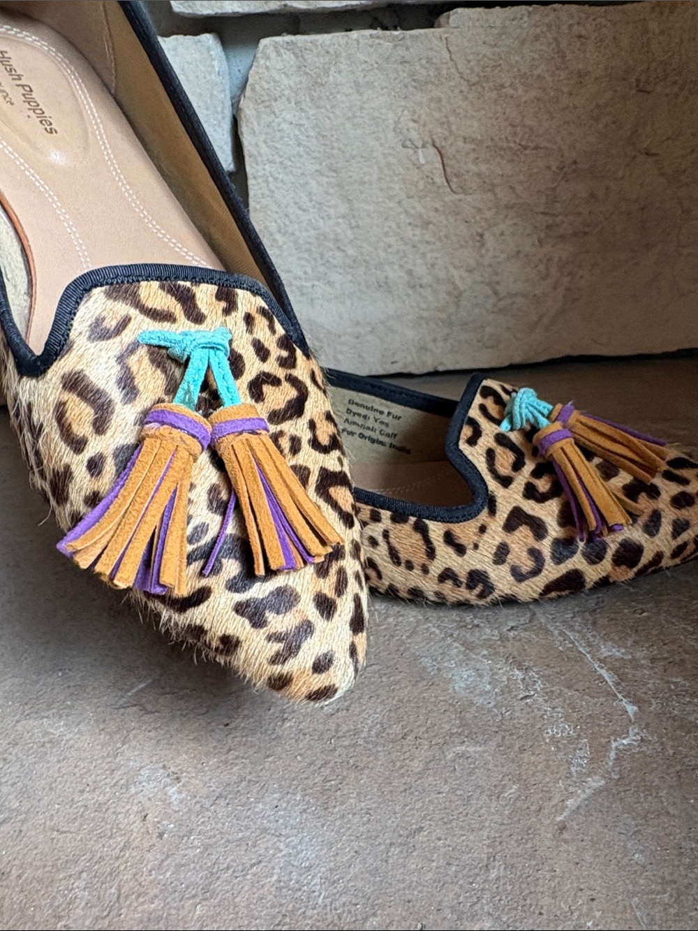 Hush Puppies Saddie Tassel slip on with leopard calf hair (7.5)